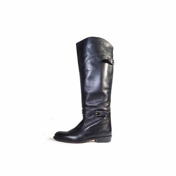 FRYE Boots Dorado Polished Black Leather Knee High Riding Boot - Picture 2 of 10